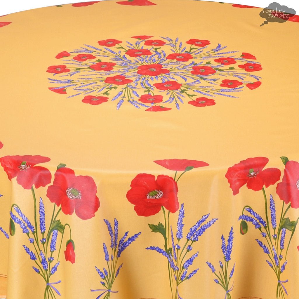 French Provencal tablecloth - Acrylic coated cotton, Spill - proof - 70" round - Poppies yellow | Tissus Toselli Tablecloth La Vie Bien French Provencal tablecloth - Acrylic coated cotton, Spill - proof - 70" round - Poppies yellow | Tissus Toselli