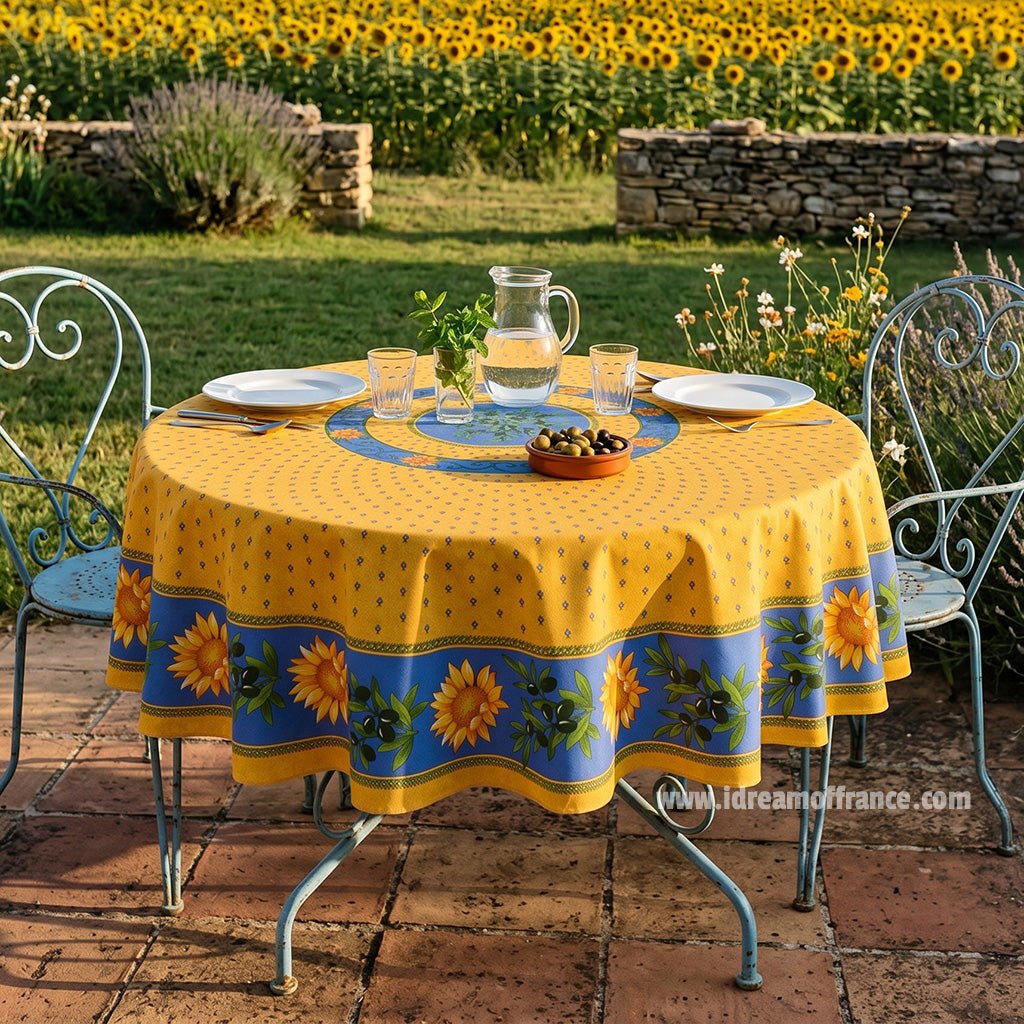 French Provencal tablecloth - Acrylic coated cotton, Spill-proof - 70" Round - Sunflower blue | Le Cluny Tablecloth La Vie Bien French Provencal tablecloth - Acrylic coated cotton, Spill-proof - 70" Round - Sunflower blue | Le Cluny