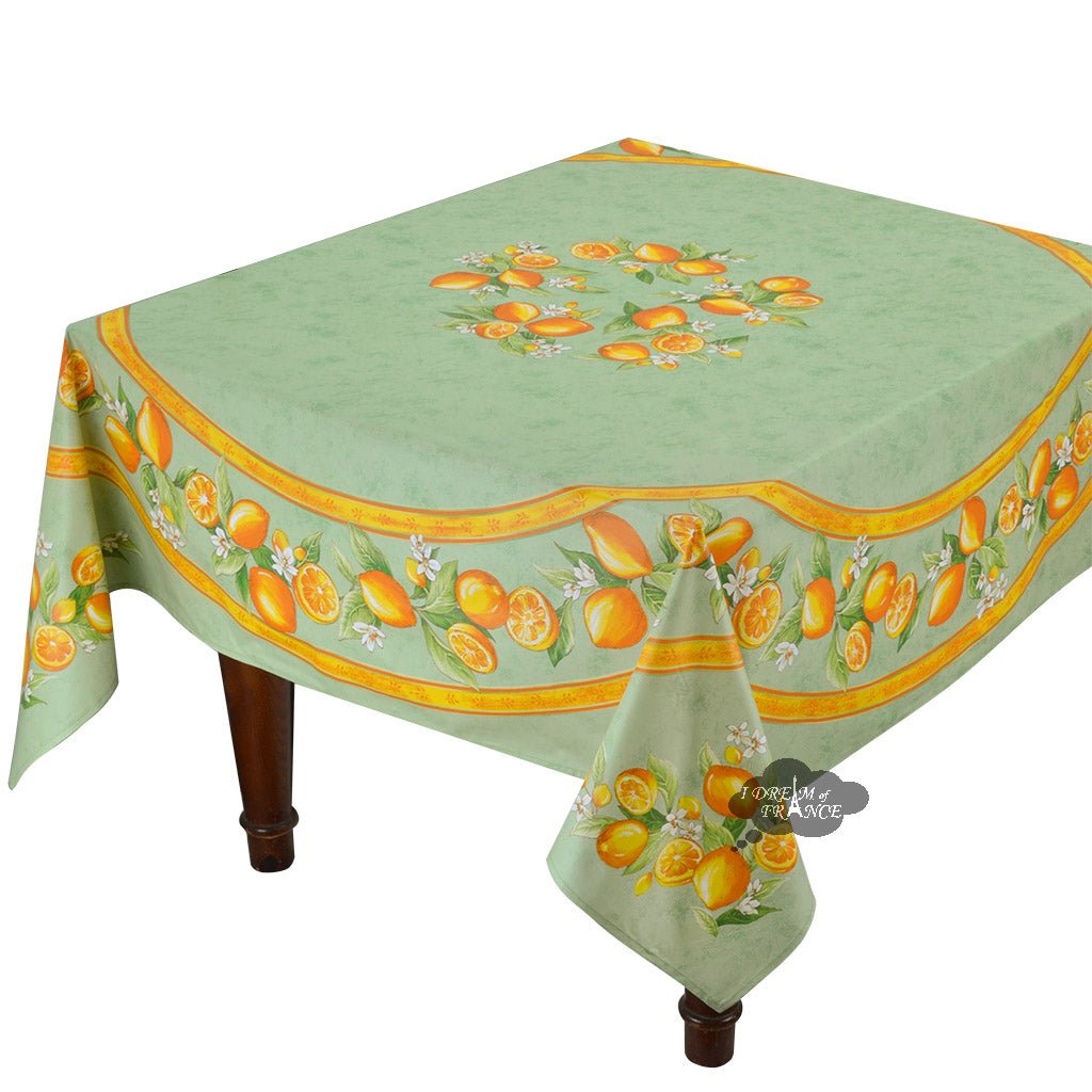 French Provencal tablecloth - Acrylic coated cotton, Spill - proof - 70" square - Lemons green | Tissus Toselli Tablecloth La Vie Bien French Provencal tablecloth - Acrylic coated cotton, Spill - proof - 70" square - Lemons green | Tissus Toselli