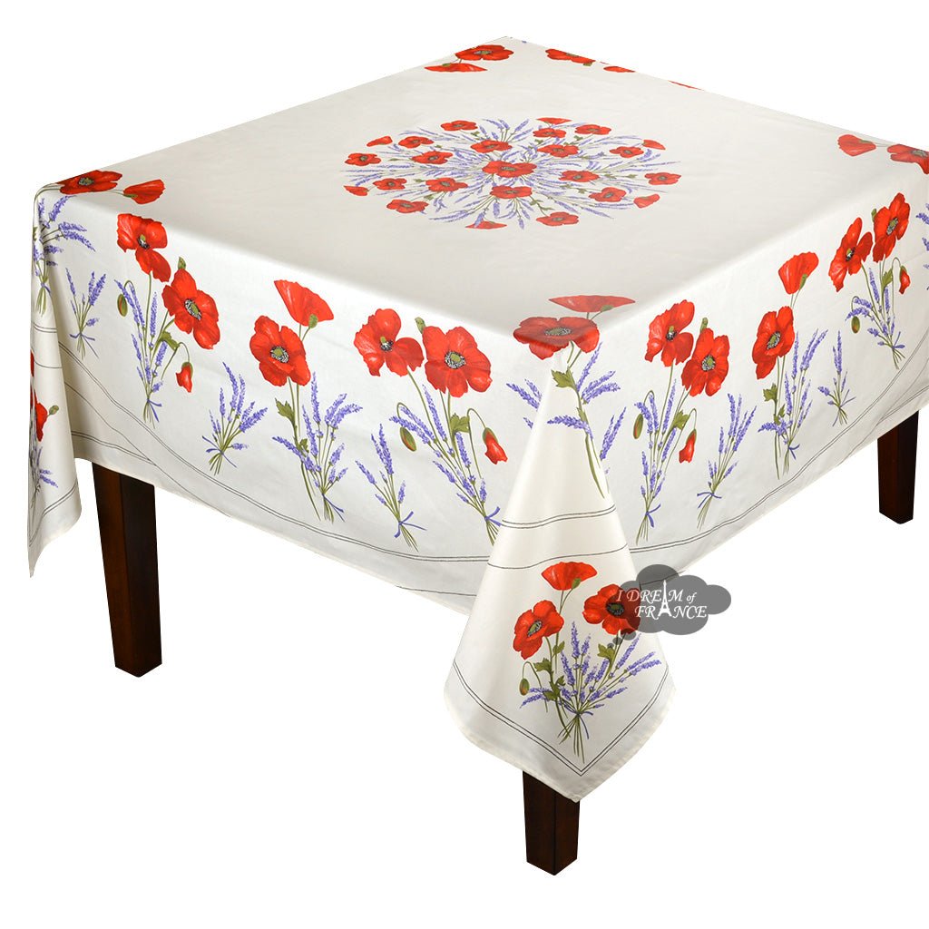 French Provencal tablecloth - Acrylic coated cotton, Spill - proof - 70" square - Poppies ivory | Tissus Toselli Tablecloth La Vie Bien French Provencal tablecloth - Acrylic coated cotton, Spill - proof - 70" square - Poppies ivory | Tissus Toselli