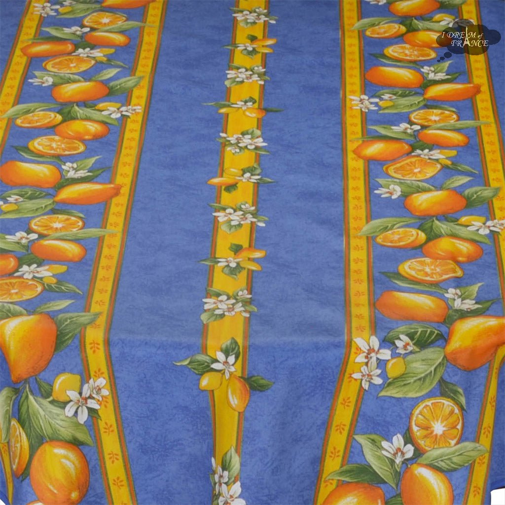 French Provencal tablecloth - Cotton, natural or acrylic-coated - 58" round - Lemon blue | Tissus Toselli Tablecloth La Vie Bien French Provencal tablecloth - Cotton, natural or acrylic-coated - 58" round - Lemon blue | Tissus Toselli