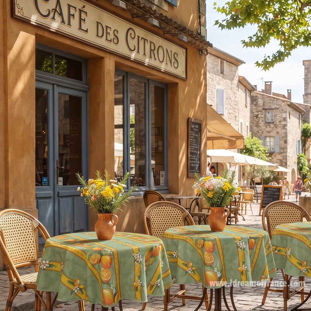 French Provencal tablecloth - Cotton, natural or acrylic-coated - 58" round - Lemon green | Tissus Toselli Tablecloth La Vie Bien French Provencal tablecloth - Cotton, natural or acrylic-coated - 58" round - Lemon green | Tissus Toselli