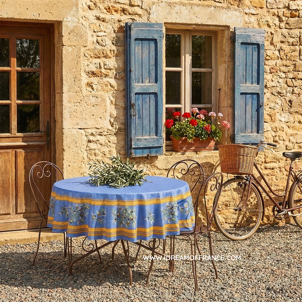 French Provencal tablecloth - Cotton, natural or acrylic - coated - 70" round - Clos des Oliviers blue | Label France Tablecloth La Vie Bien French Provencal tablecloth - Cotton, natural or acrylic - coated - 70" round - Clos des Oliviers blue | Label France