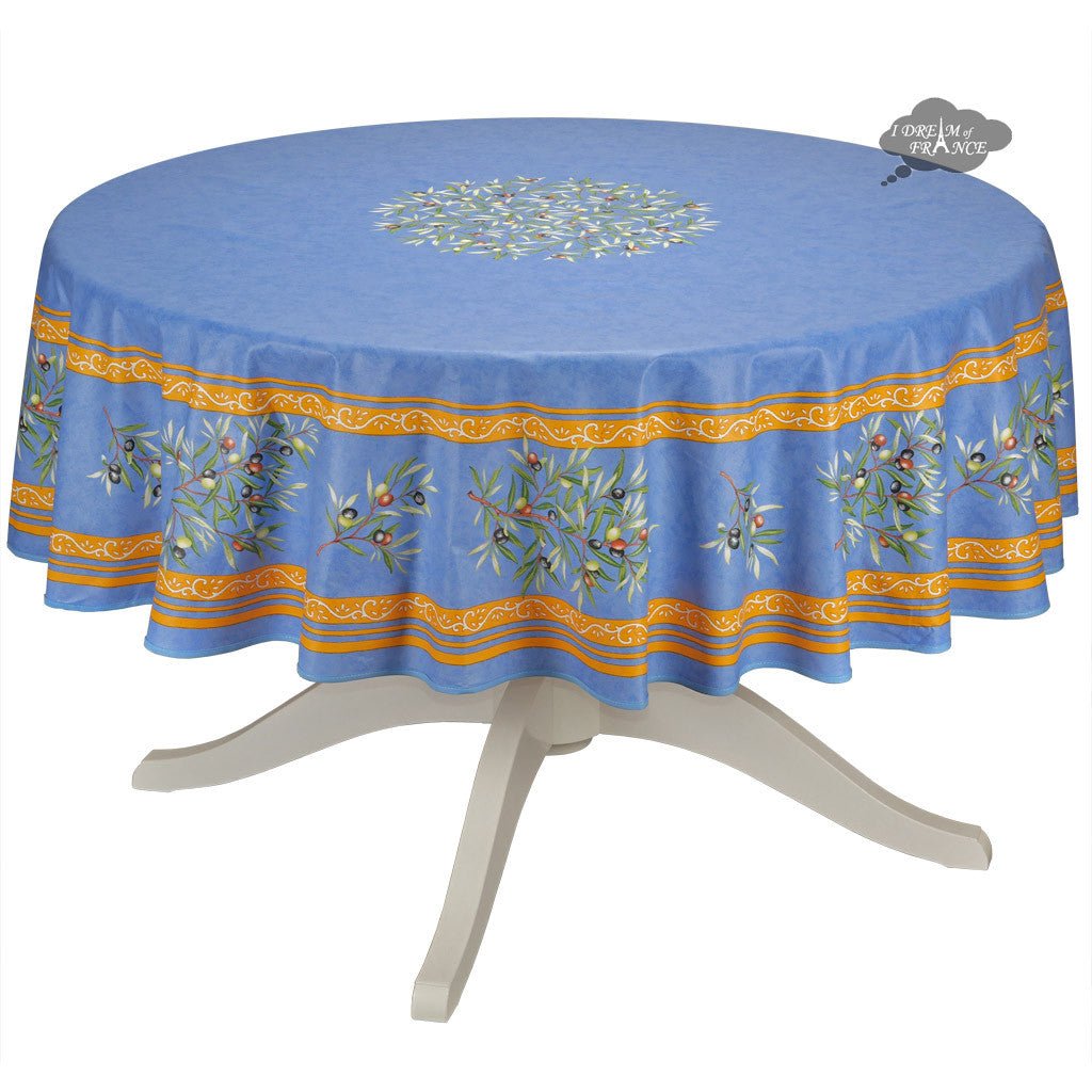 French Provencal tablecloth - Cotton, natural or acrylic - coated - 70" round - Clos des Oliviers blue | Label France Tablecloth La Vie Bien French Provencal tablecloth - Cotton, natural or acrylic - coated - 70" round - Clos des Oliviers blue | Label France
