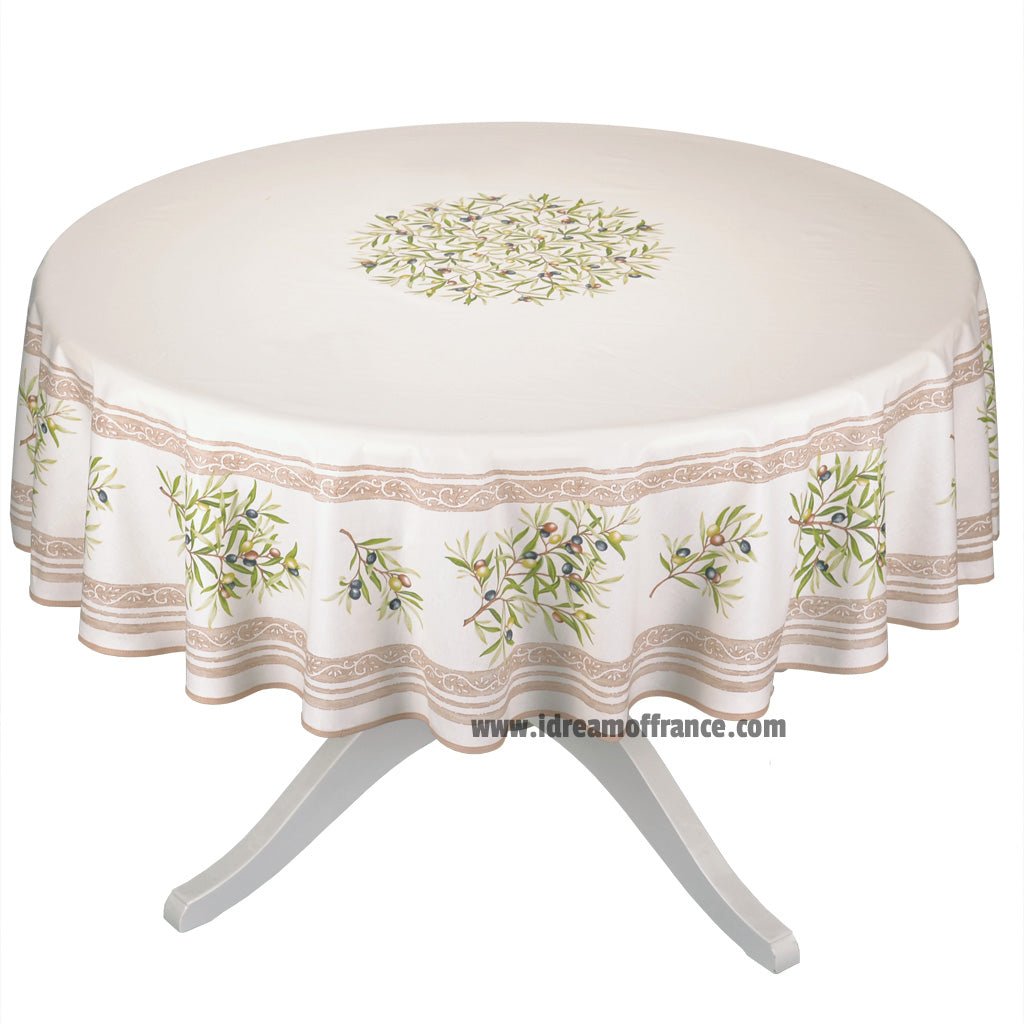 French Provencal tablecloth - Cotton, natural or acrylic - coated - 70" round - Clos des Oliviers cream | Label France Tablecloth La Vie Bien French Provencal tablecloth - Cotton, natural or acrylic - coated - 70" round - Clos des Oliviers cream | Label France