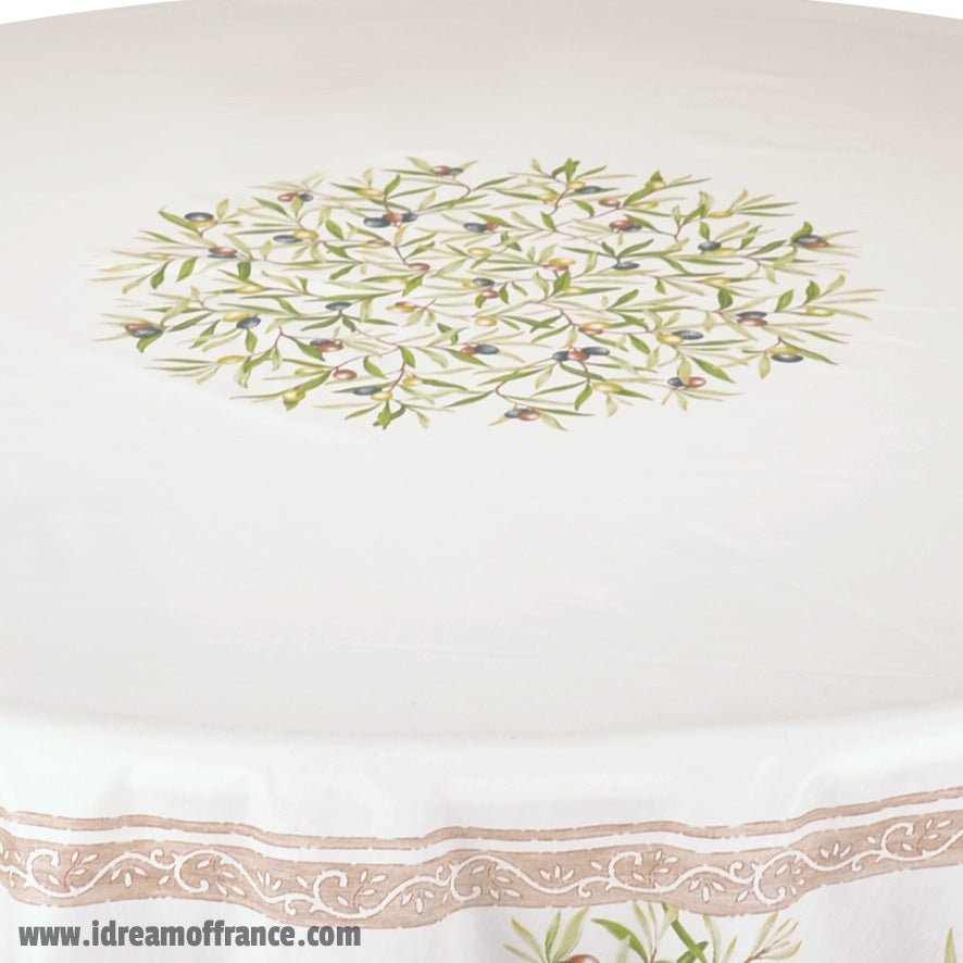 French Provencal tablecloth - Cotton, natural or acrylic - coated - 70" round - Clos des Oliviers cream | Label France Tablecloth La Vie Bien French Provencal tablecloth - Cotton, natural or acrylic - coated - 70" round - Clos des Oliviers cream | Label France