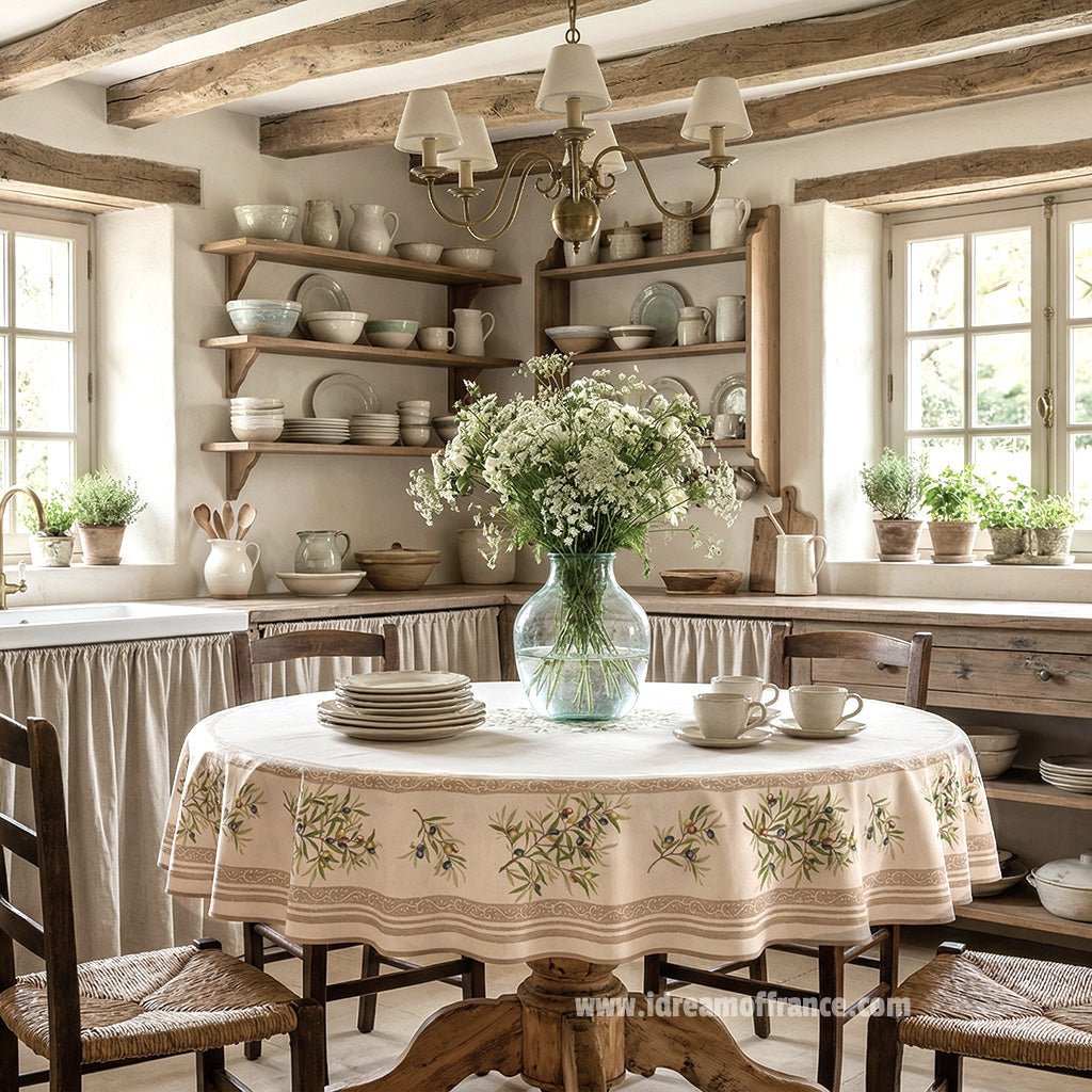 French Provencal tablecloth - Cotton, natural or acrylic - coated - 70" round - Clos des Oliviers cream | Label France Tablecloth La Vie Bien French Provencal tablecloth - Cotton, natural or acrylic - coated - 70" round - Clos des Oliviers cream | Label France