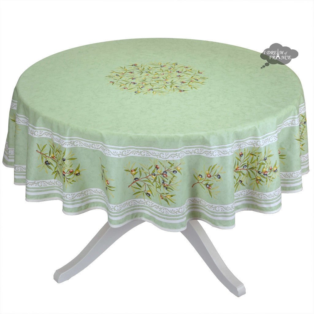 French Provencal tablecloth - Cotton, natural or acrylic - coated - 70" round - Clos des Oliviers green | Label France Tablecloth La Vie Bien French Provencal tablecloth - Cotton, natural or acrylic - coated - 70" round - Clos des Oliviers green | Label France