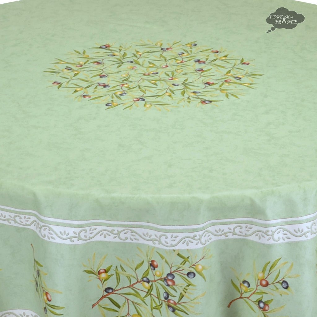 French Provencal tablecloth - Cotton, natural or acrylic - coated - 70" round - Clos des Oliviers green | Label France Tablecloth La Vie Bien French Provencal tablecloth - Cotton, natural or acrylic - coated - 70" round - Clos des Oliviers green | Label France