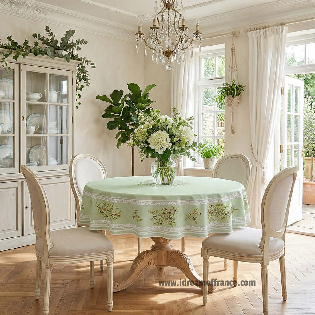 French Provencal tablecloth - Cotton, natural or acrylic - coated - 70" round - Clos des Oliviers green | Label France Tablecloth La Vie Bien French Provencal tablecloth - Cotton, natural or acrylic - coated - 70" round - Clos des Oliviers green | Label France