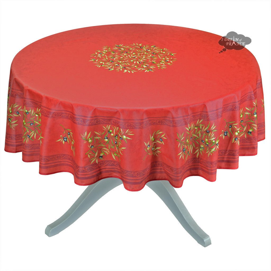 French Provencal tablecloth - Cotton, natural or acrylic - coated - 70" round - Clos des Oliviers red | Label France Tablecloth La Vie Bien French Provencal tablecloth - Cotton, natural or acrylic - coated - 70" round - Clos des Oliviers red | Label France
