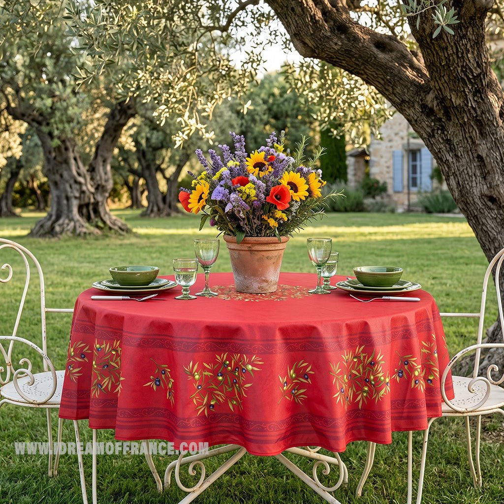 French Provencal tablecloth - Cotton, natural or acrylic-coated - 70" round - Clos des Oliviers red | Label France Tablecloth La Vie Bien French Provencal tablecloth - Cotton, natural or acrylic-coated - 70" round - Clos des Oliviers red | Label France
