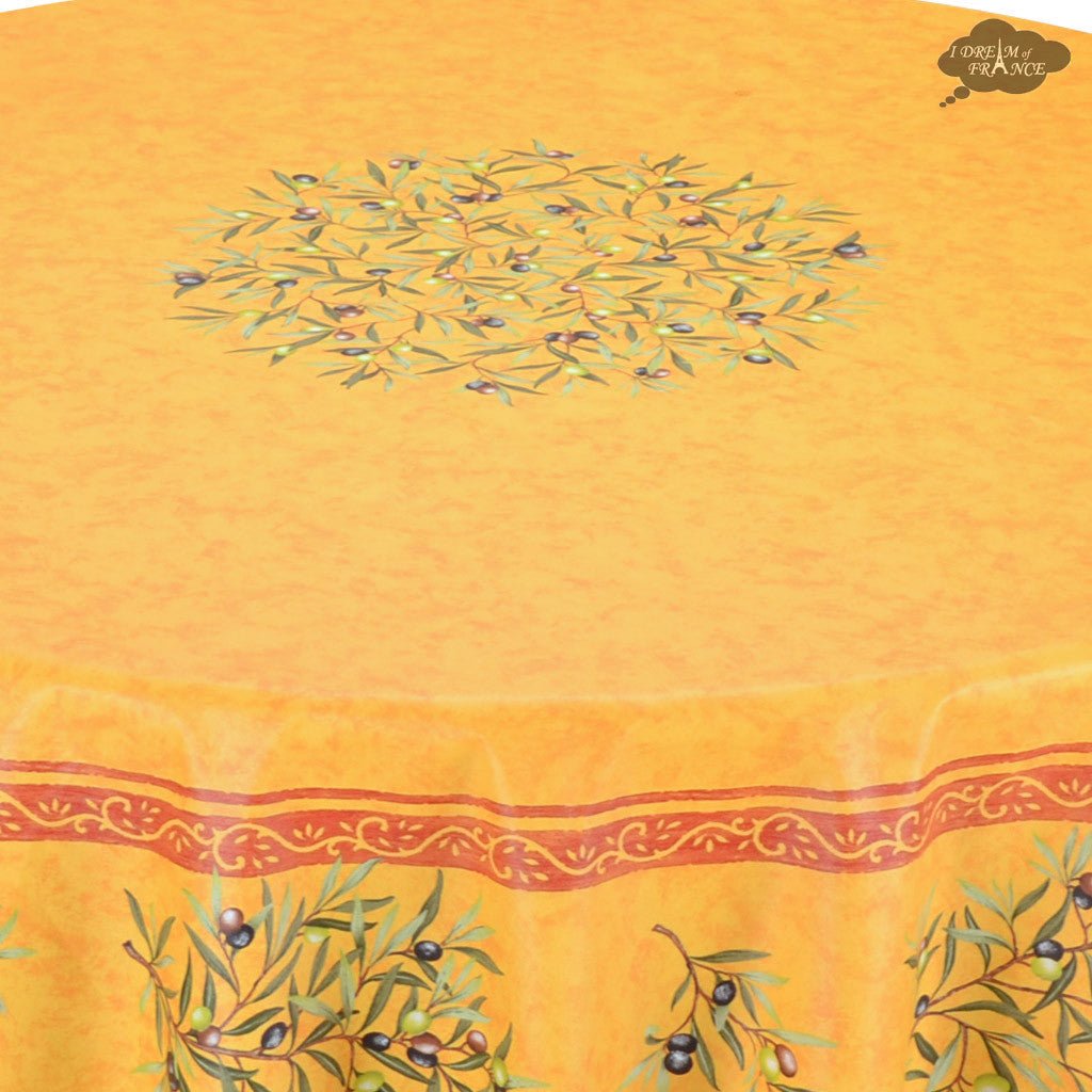 French Provencal tablecloth - Cotton, natural or acrylic - coated - 70" round - Clos des Oliviers yellow | Label France Tablecloth La Vie Bien French Provencal tablecloth - Cotton, natural or acrylic - coated - 70" round - Clos des Oliviers yellow | Label France