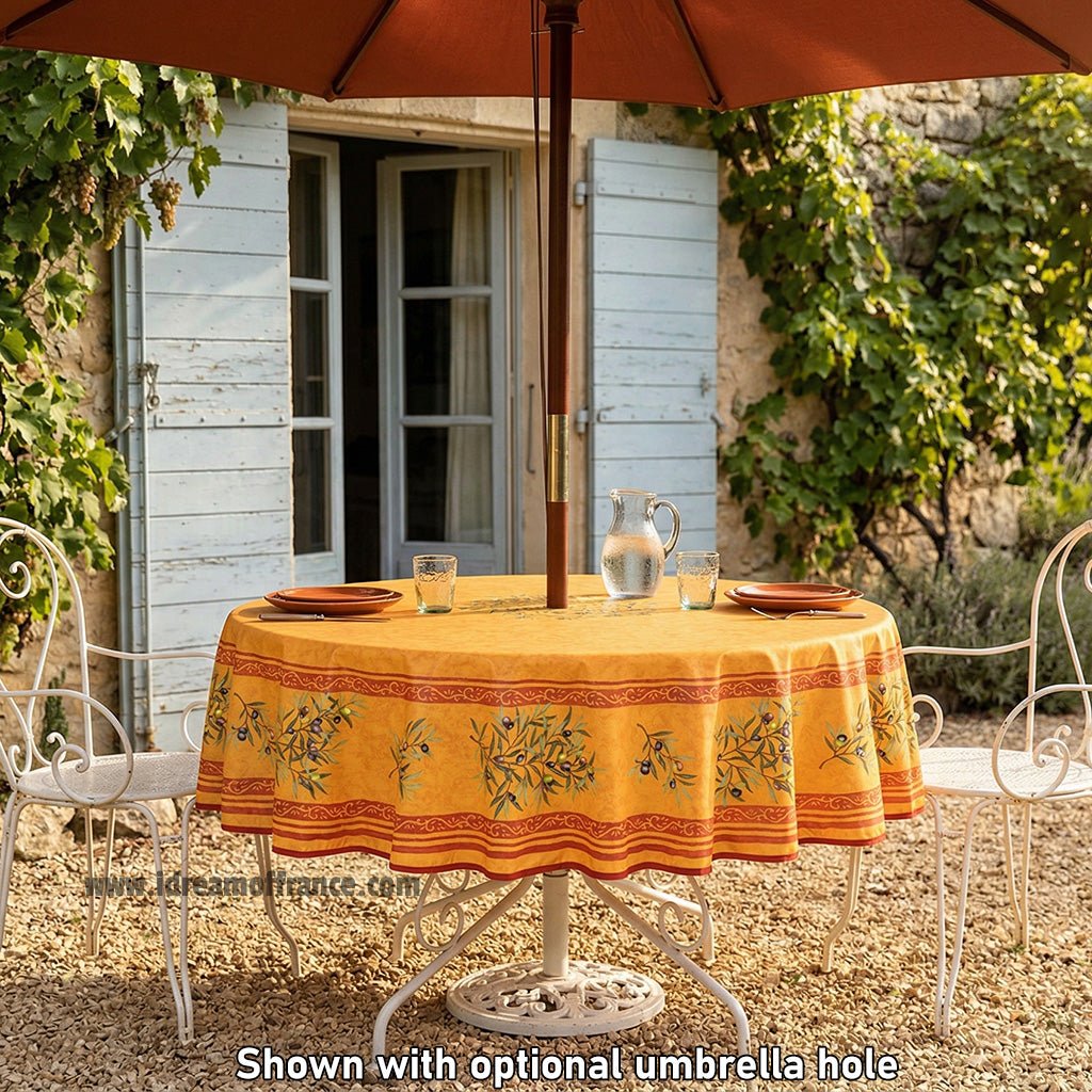 French Provencal tablecloth - Cotton, natural or acrylic - coated - 70" round - Clos des Oliviers yellow | Label France Tablecloth La Vie Bien French Provencal tablecloth - Cotton, natural or acrylic - coated - 70" round - Clos des Oliviers yellow | Label France