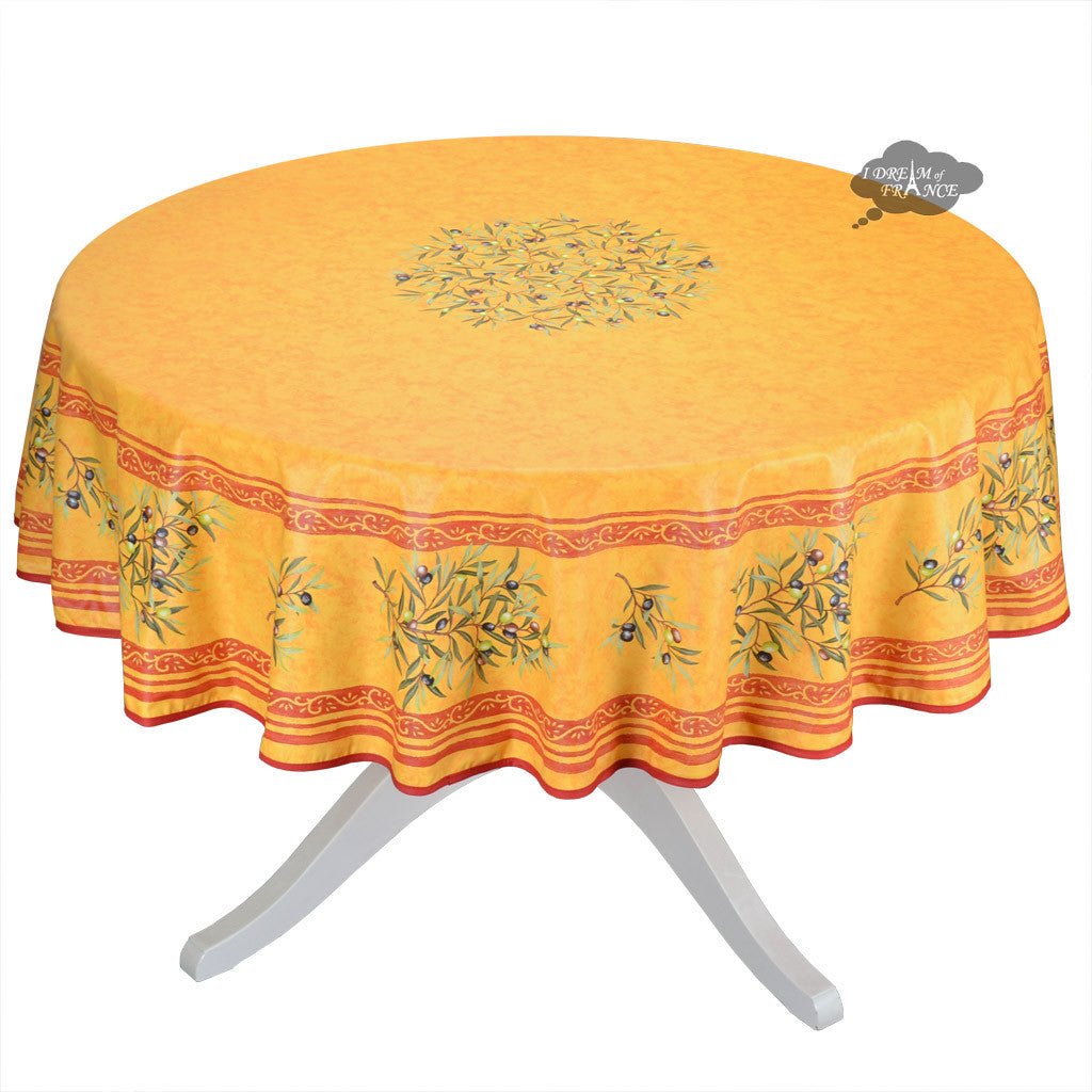 French Provencal tablecloth - Cotton, natural or acrylic - coated - 70" round - Clos des Oliviers yellow | Label France Tablecloth La Vie Bien French Provencal tablecloth - Cotton, natural or acrylic - coated - 70" round - Clos des Oliviers yellow | Label France