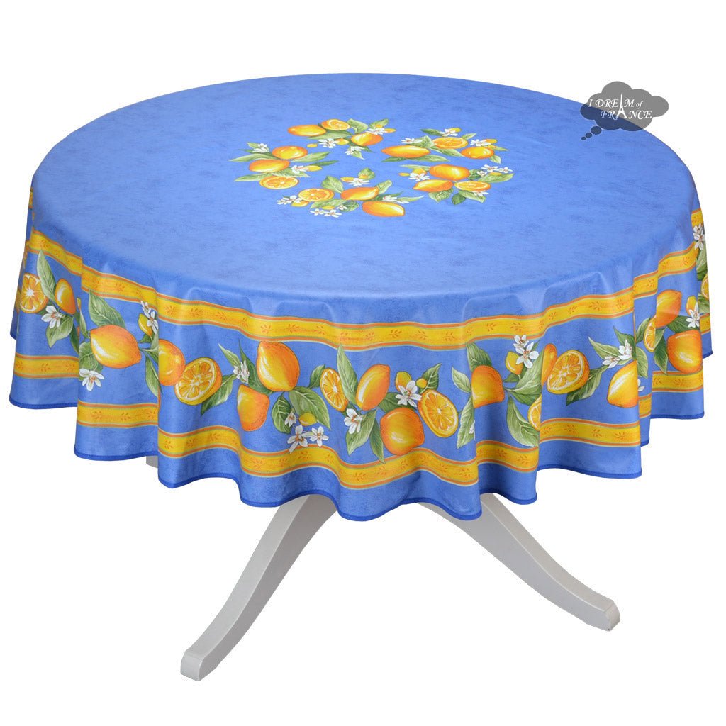 French Provencal tablecloth - Cotton, natural or acrylic - coated - 70" round - Lemon blue| Tissus Toselli Tablecloth La Vie Bien French Provencal tablecloth - Cotton, natural or acrylic - coated - 70" round - Lemon blue| Tissus Toselli