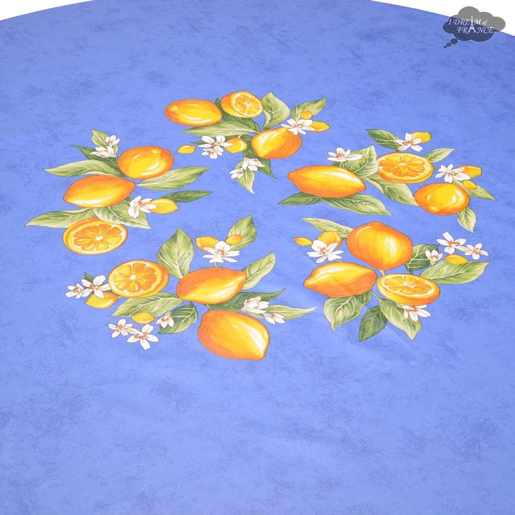 French Provencal tablecloth - Cotton, natural or acrylic - coated - 70" round - Lemon blue| Tissus Toselli Tablecloth La Vie Bien French Provencal tablecloth - Cotton, natural or acrylic - coated - 70" round - Lemon blue| Tissus Toselli
