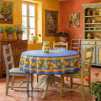 French Provencal tablecloth - Cotton, natural or acrylic - coated - 70" round - Lemon blue| Tissus Toselli Tablecloth La Vie Bien French Provencal tablecloth - Cotton, natural or acrylic - coated - 70" round - Lemon blue| Tissus Toselli