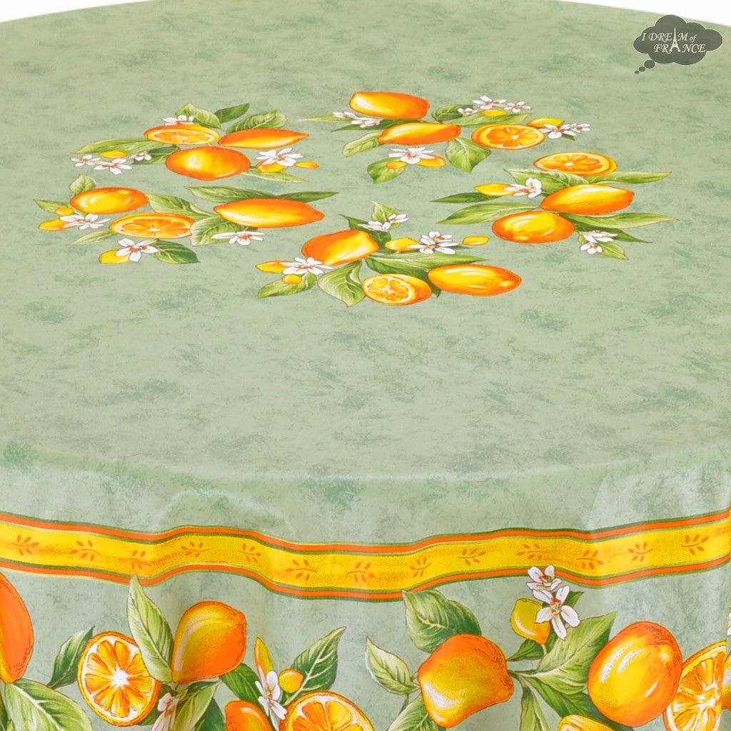 French Provencal tablecloth - Cotton, natural or acrylic - coated - 70" round - Lemon green | Tissus Toselli Tablecloth La Vie Bien French Provencal tablecloth - Cotton, natural or acrylic - coated - 70" round - Lemon green | Tissus Toselli