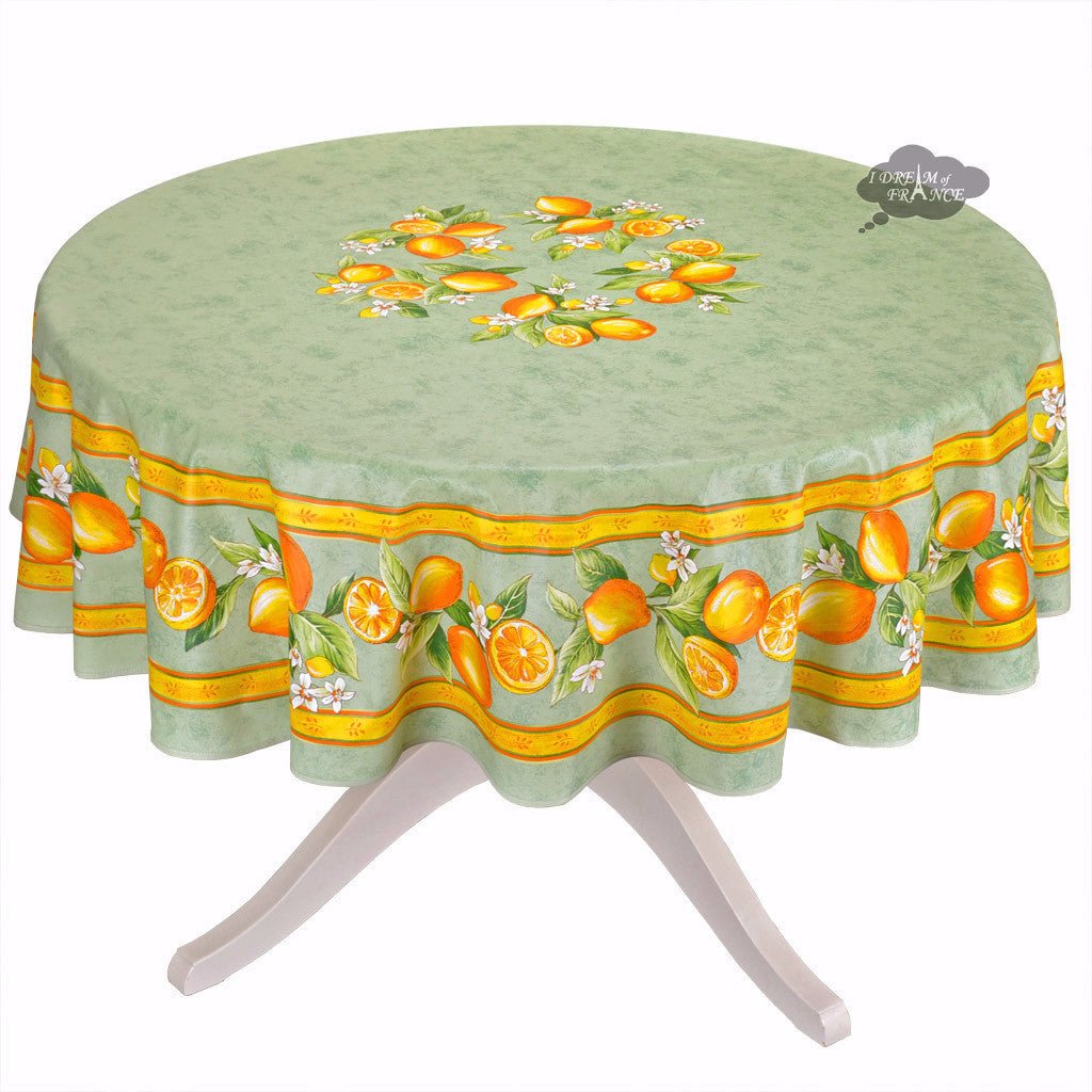 French Provencal tablecloth - Cotton, natural or acrylic - coated - 70" round - Lemon green | Tissus Toselli Tablecloth La Vie Bien French Provencal tablecloth - Cotton, natural or acrylic - coated - 70" round - Lemon green | Tissus Toselli