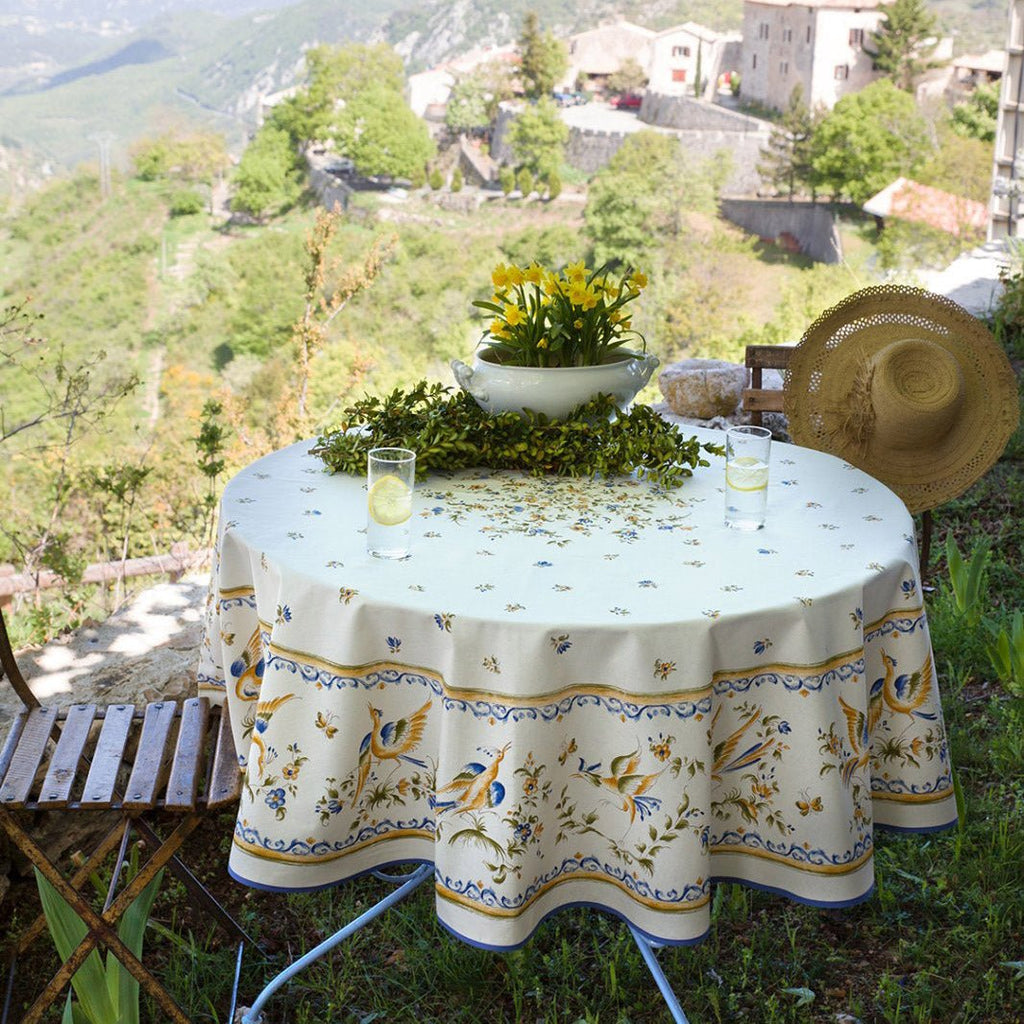 French Provencal tablecloth - Cotton, natural or acrylic - coated - 70" round - Moustiers blue | Tissus Toselli Tablecloth La Vie Bien French Provencal tablecloth - Cotton, natural or acrylic - coated - 70" round - Moustiers blue | Tissus Toselli