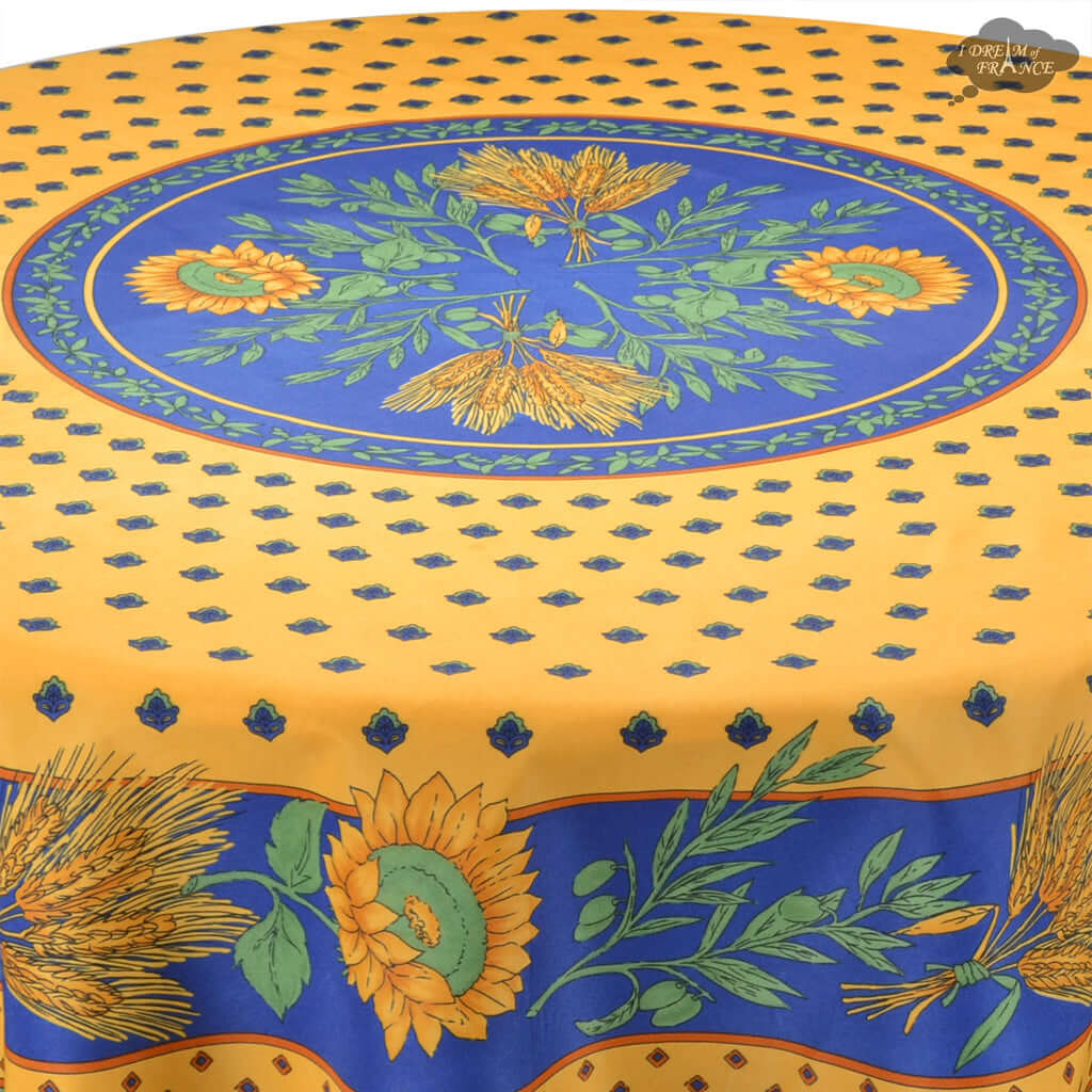French Provencal tablecloth - Polyester - Stain - resistant - 70" round - Tournesol blue | Provence Imports Tablecloth La Vie Bien French Provencal tablecloth - Polyester - Stain - resistant - 70" round - Tournesol blue | Provence Imports