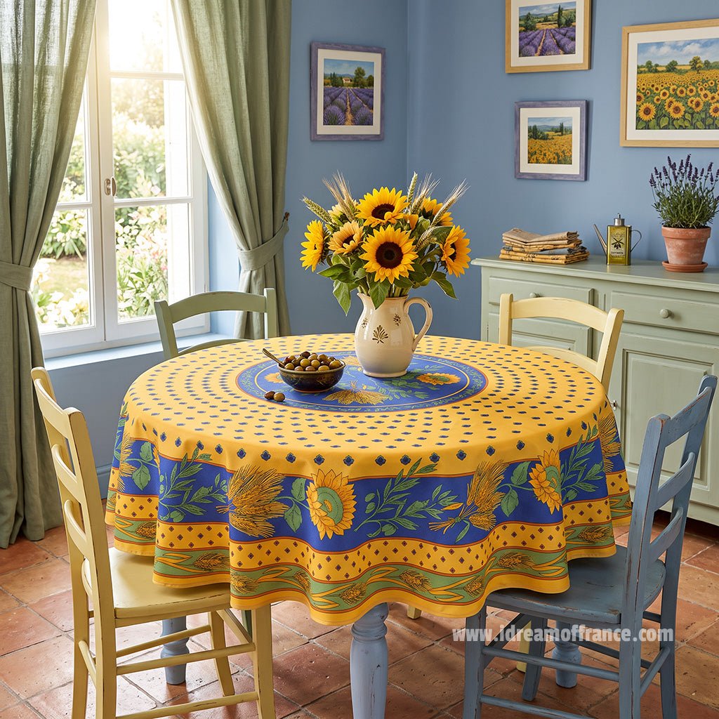 French Provencal tablecloth - Polyester - Stain-resistant - 70" round - Tournesol blue | Provence Imports Tablecloth La Vie Bien French Provencal tablecloth - Polyester - Stain-resistant - 70" round - Tournesol blue | Provence Imports