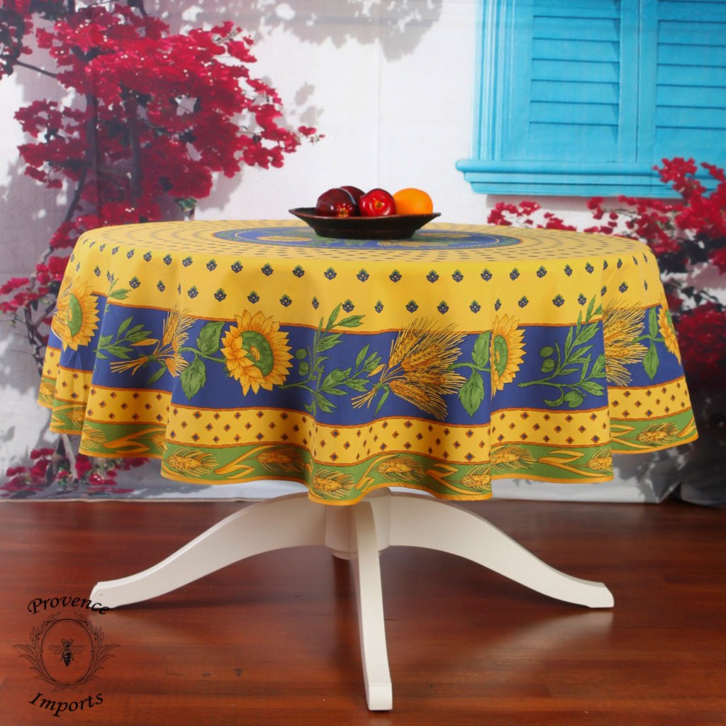 French Provencal tablecloth - Polyester - Stain - resistant - 70" round - Tournesol blue | Provence Imports Tablecloth La Vie Bien French Provencal tablecloth - Polyester - Stain - resistant - 70" round - Tournesol blue | Provence Imports