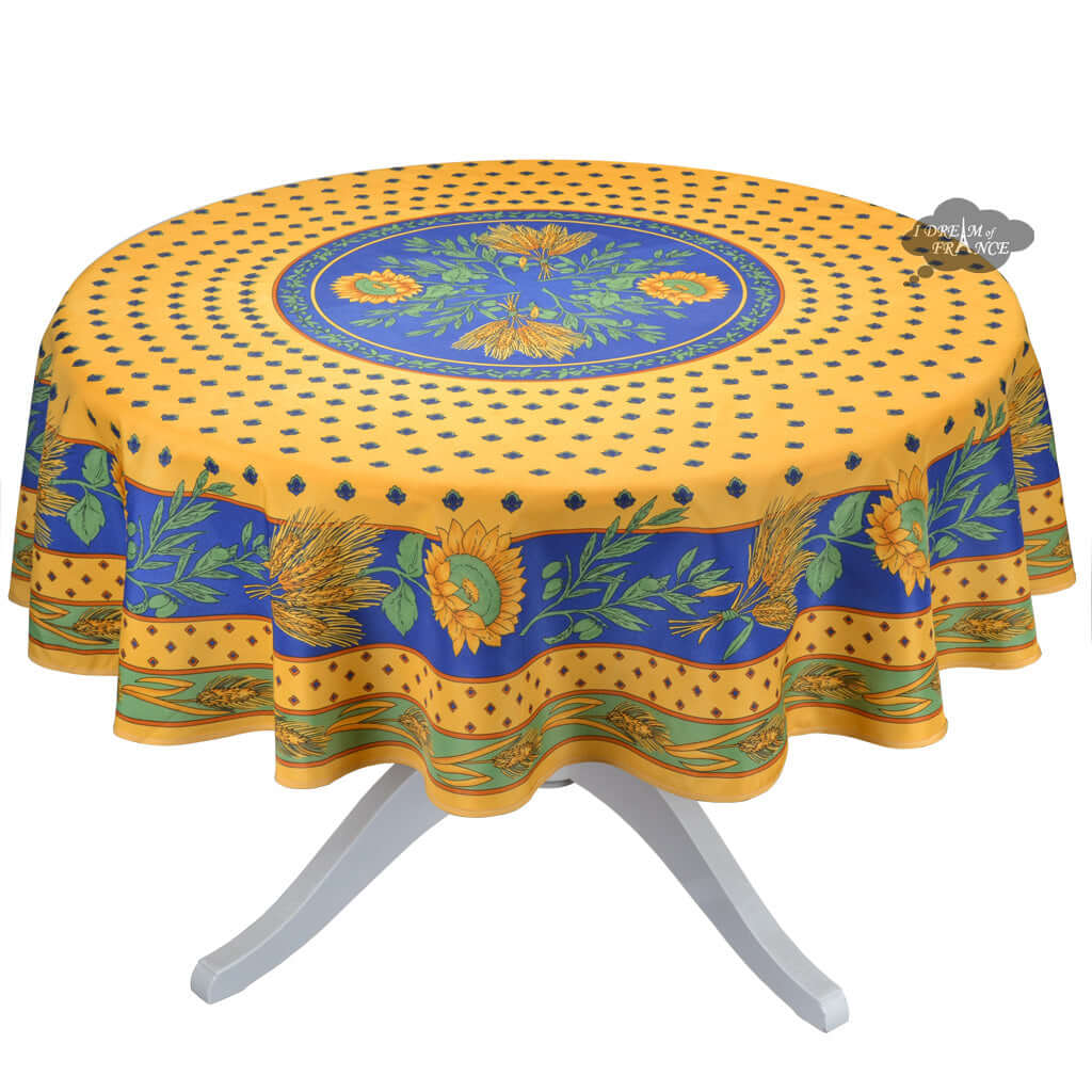French Provencal tablecloth - Polyester - Stain - resistant - 70" round - Tournesol blue | Provence Imports Tablecloth La Vie Bien French Provencal tablecloth - Polyester - Stain - resistant - 70" round - Tournesol blue | Provence Imports