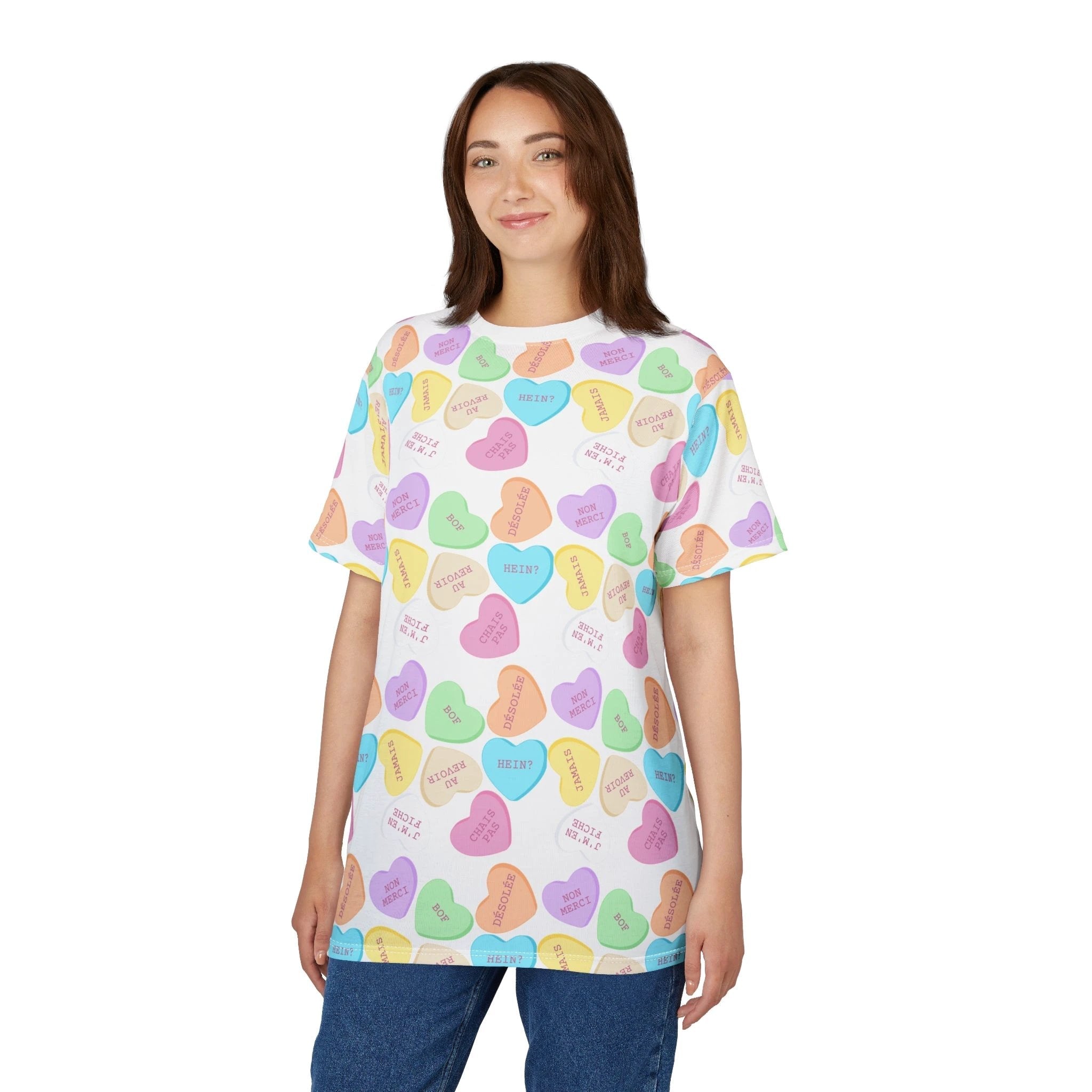 French sass Conversation Heart Pattern Tee, All-Over Print Candy Hearts T-Shirt by Printify