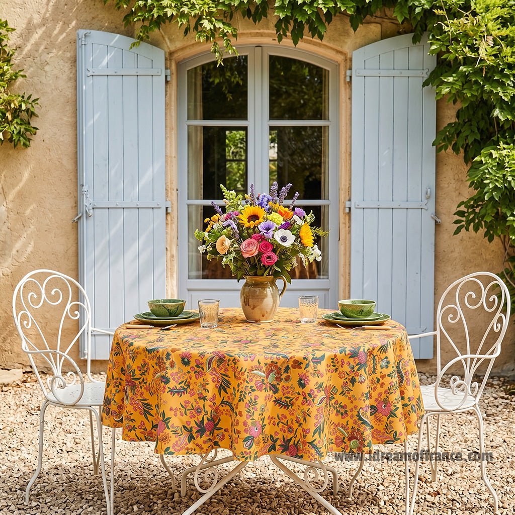French tablecloth - Acrylic coated cotton, Spill-proof - 70" Round - Versailles mustard yellow | Le Cluny Tablecloth La Vie Bien French tablecloth - Acrylic coated cotton, Spill-proof - 70" Round - Versailles mustard yellow | Le Cluny