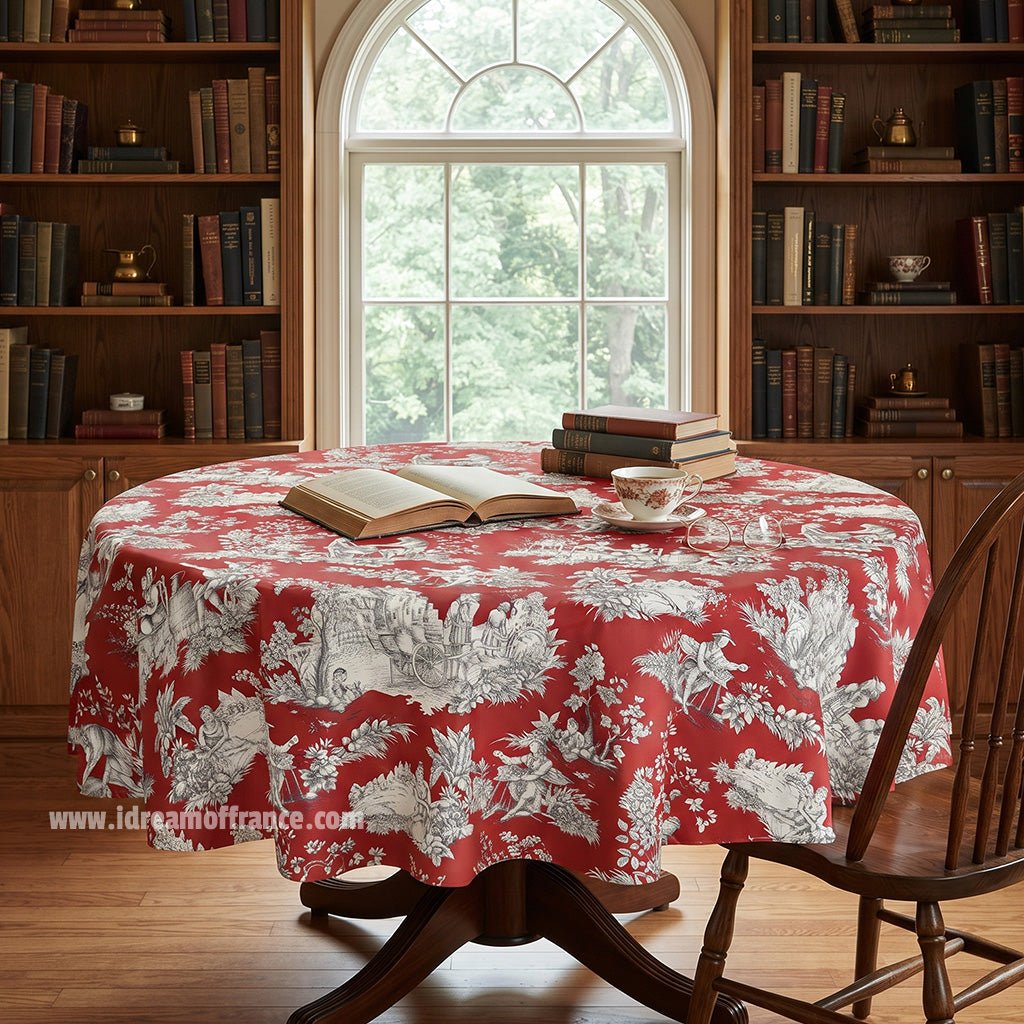 French Toile tablecloth - Acrylic coated cotton, Spill-proof - 70" Round - Villandry red | Le Cluny Tablecloth La Vie Bien French Toile tablecloth - Acrylic coated cotton, Spill-proof - 70" Round - Villandry red | Le Cluny