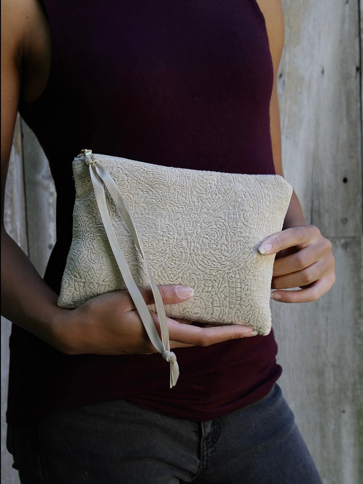 French Cream Chenille Wristlet Purse