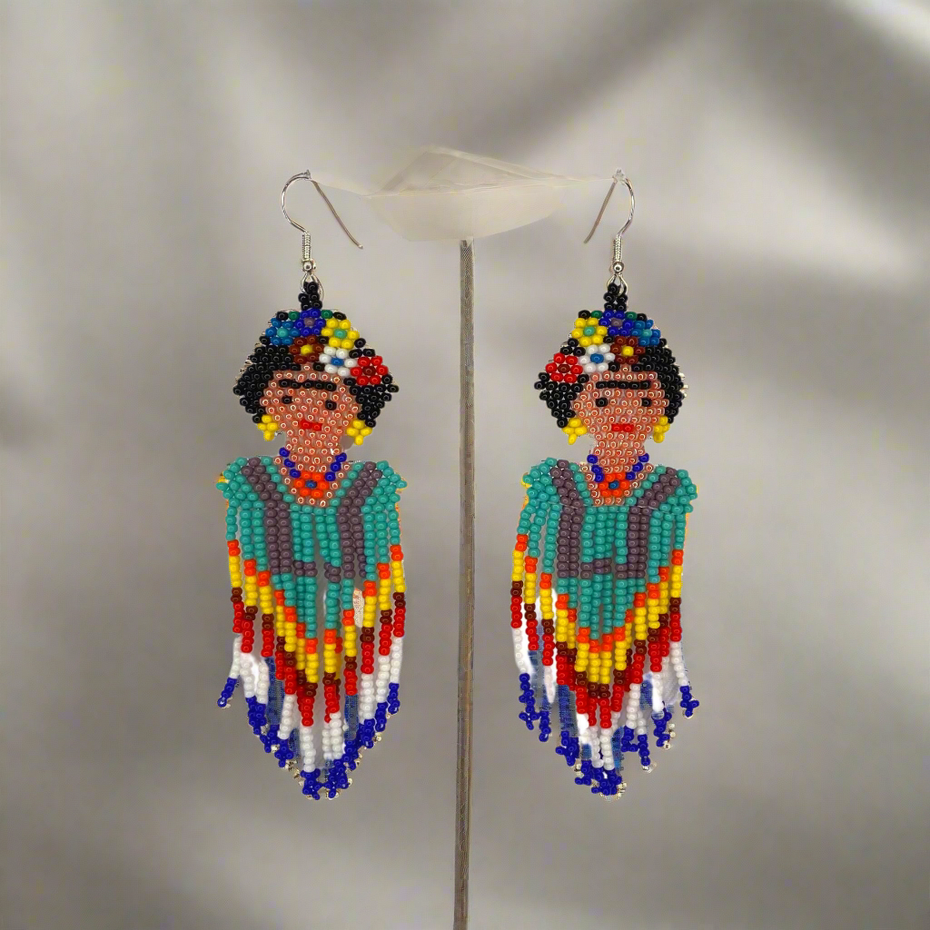 Frida Kahlo Seed Bead Dangly Earrings - Guatemala