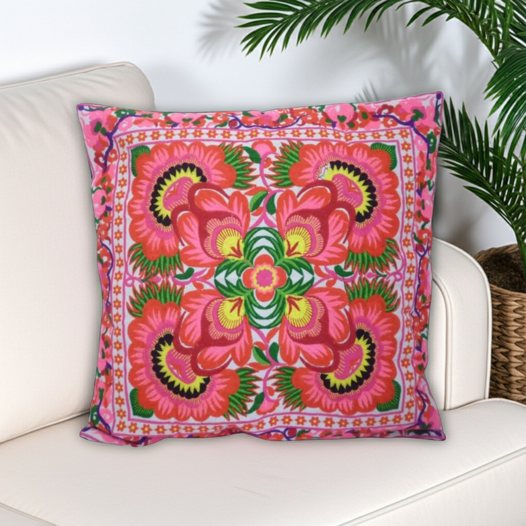 Frida Flower Embroidered Mexican Flower Boho Cushion - Thailand Decor La Vie Bien Frida Flower Embroidered Mexican Flower Boho Cushion - Thailand