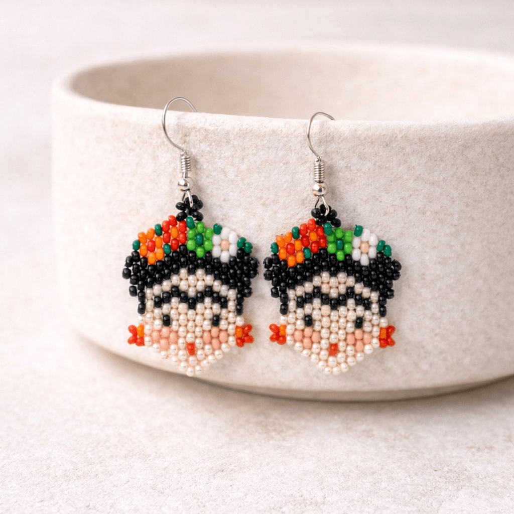 Frida Kahlo Seed Bead Artistic Earrings - Guatemala Jewelry La Vie Bien Frida Kahlo Seed Bead Artistic Earrings - Guatemala