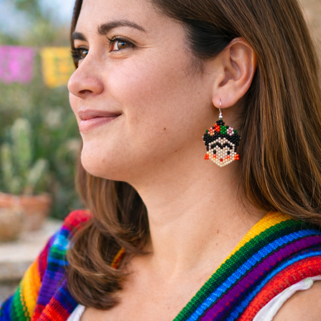 Frida Kahlo Seed Bead Artistic Earrings - Guatemala Jewelry La Vie Bien Frida Kahlo Seed Bead Artistic Earrings - Guatemala