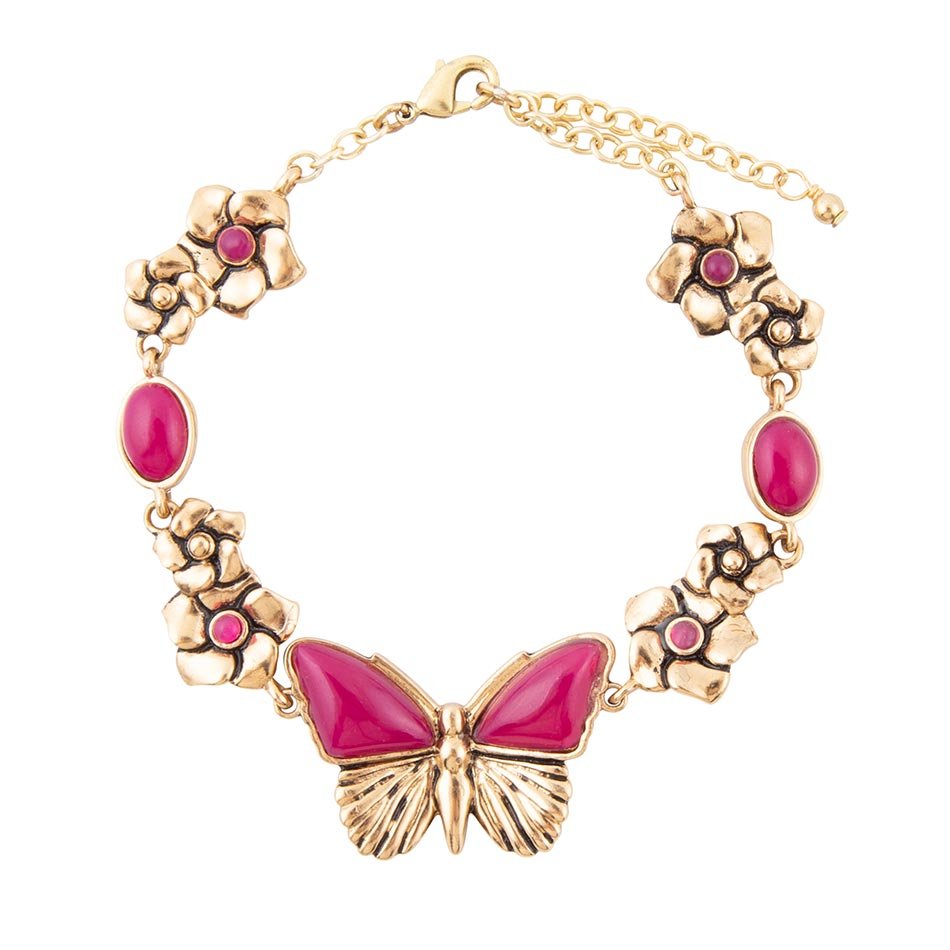 Pink Fuchsia Agate Golden Butterflies Adjustable Bracelet