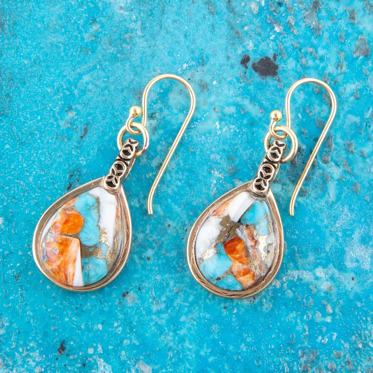 Blue and Orange Turquoise and Spiny Oyster Shell Stone Mix Golden Earrings