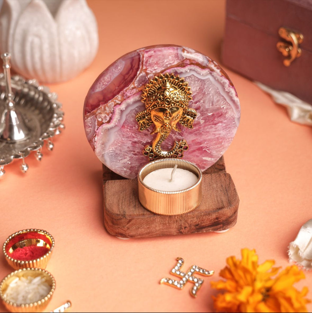 Ganesha on Agate T-light Holder in Suede Gift Box - Premium Gift for Housewarming/ Hostess Gift La Vie Bien Ganesha on Agate T-light Holder in Suede Gift Box - Premium Gift for Housewarming/ Hostess Gift