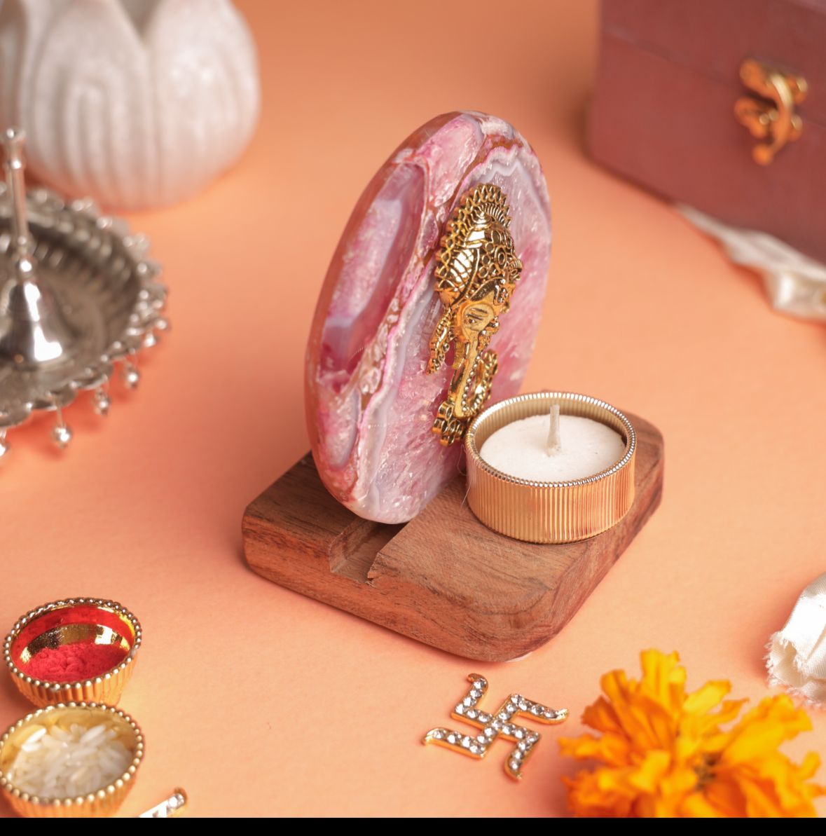 Ganesha on Agate T-light Holder in Suede Gift Box - Premium Gift for Housewarming/ Hostess Gift La Vie Bien Ganesha on Agate T-light Holder in Suede Gift Box - Premium Gift for Housewarming/ Hostess Gift