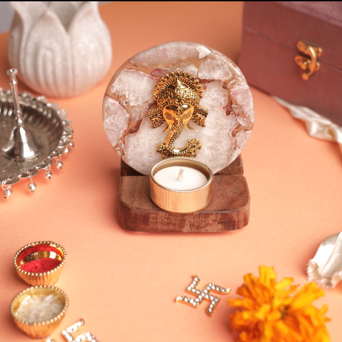 Ganesha on Agate T-light Holder in Suede Gift Box - Premium Gift for Housewarming/ Hostess Gift La Vie Bien Ganesha on Agate T-light Holder in Suede Gift Box - Premium Gift for Housewarming/ Hostess Gift