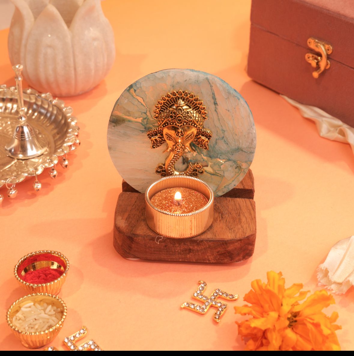 Ganesha on Agate T-light Holder in Suede Gift Box - Premium Gift for Housewarming/ Hostess Gift La Vie Bien Ganesha on Agate T-light Holder in Suede Gift Box - Premium Gift for Housewarming/ Hostess Gift