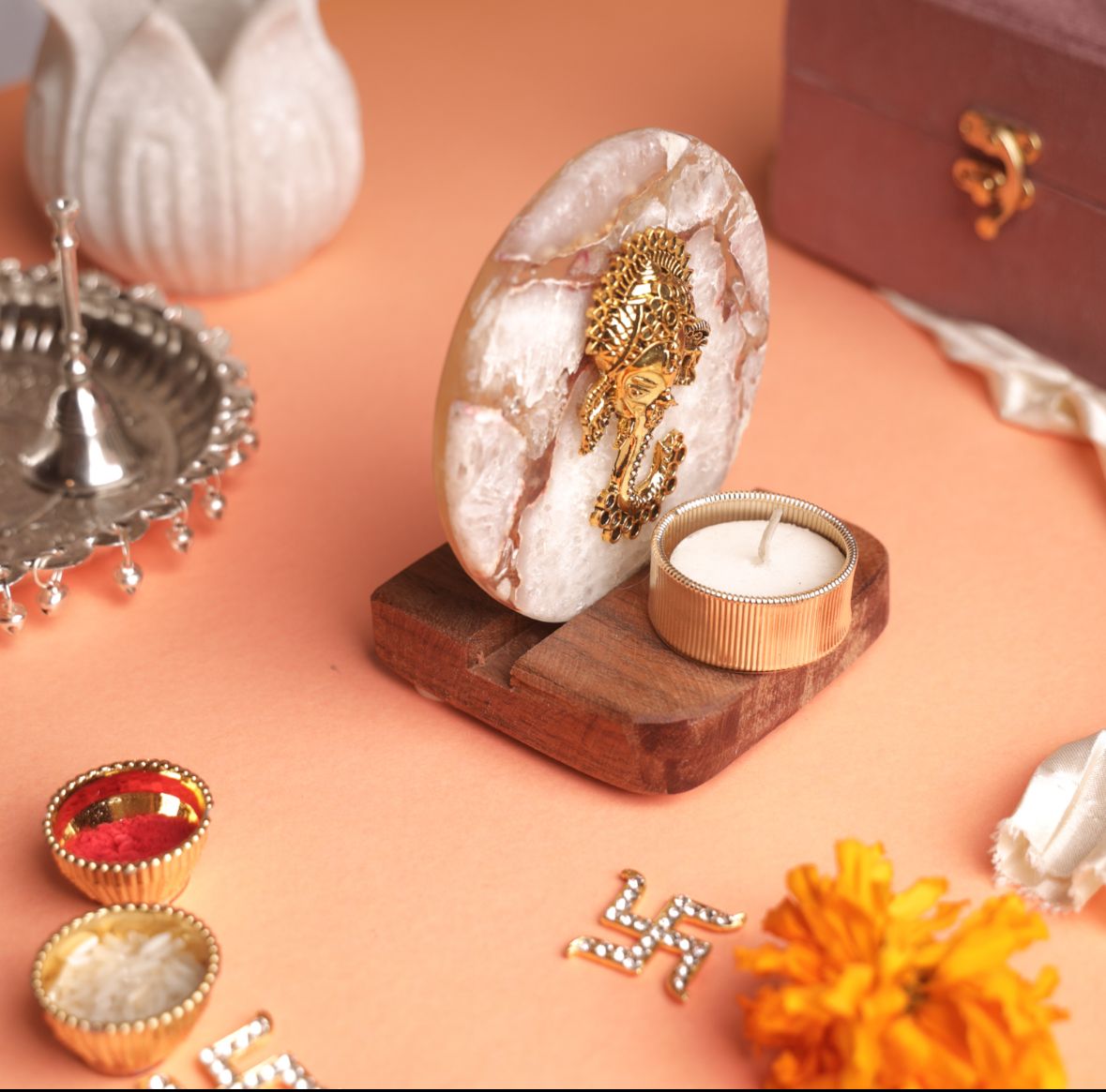 Ganesha on Agate T-light Holder in Suede Gift Box - Premium Gift for Housewarming/ Hostess Gift La Vie Bien Ganesha on Agate T-light Holder in Suede Gift Box - Premium Gift for Housewarming/ Hostess Gift