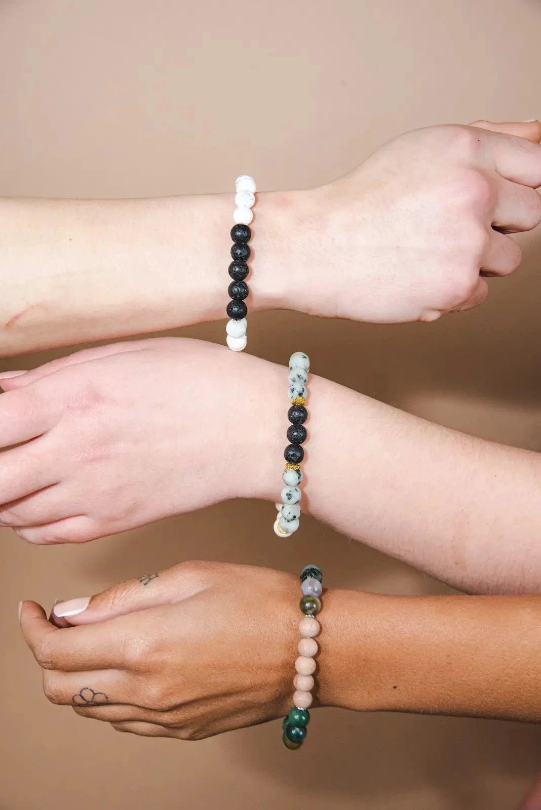 Gemstone Diffuser Bracelet - Fossil Jasper + Kiwi Jasper + Lava Rock