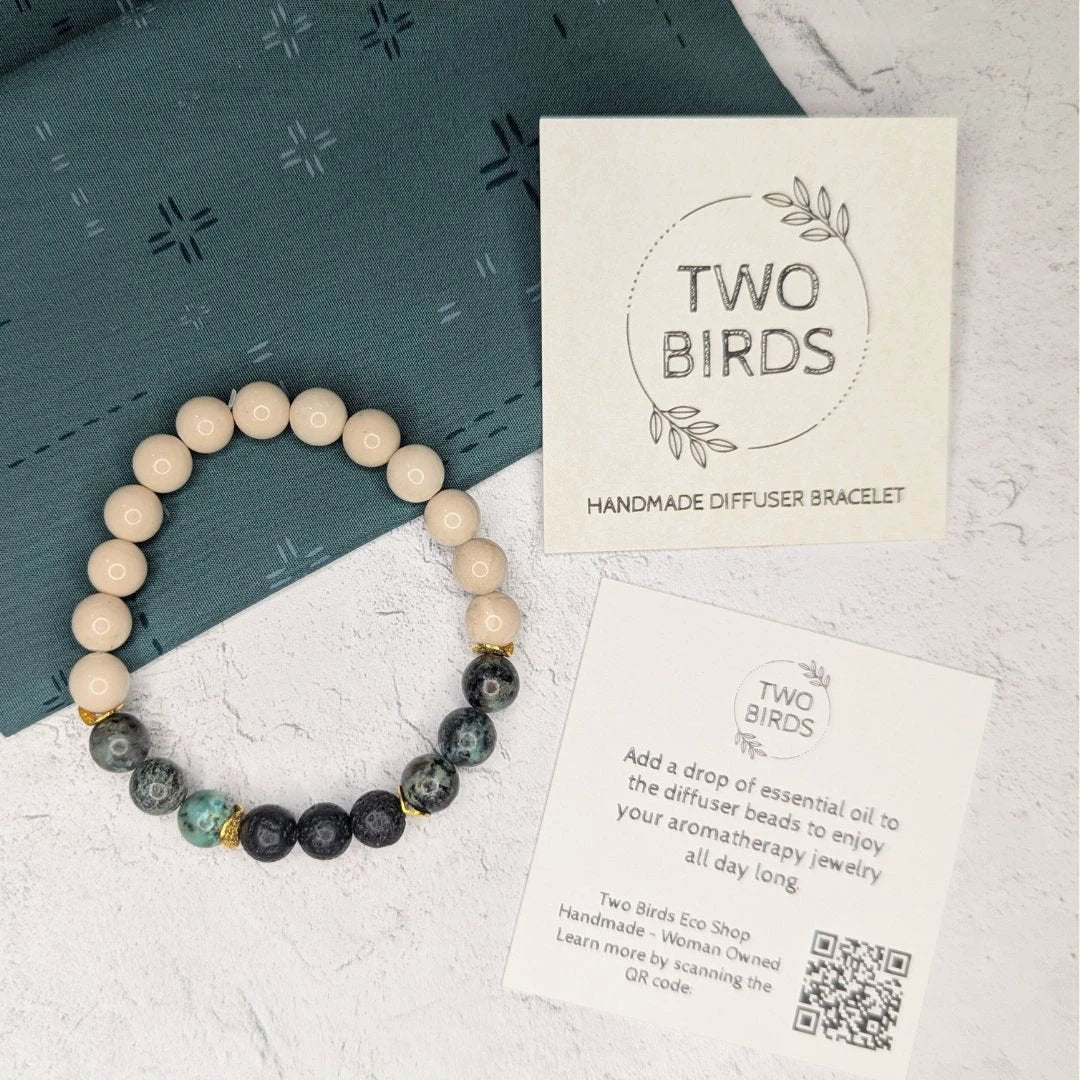 Gemstone Diffuser Bracelet - Riverstone + African Turquoise + Lava Rock by Two Birds Eco Shop