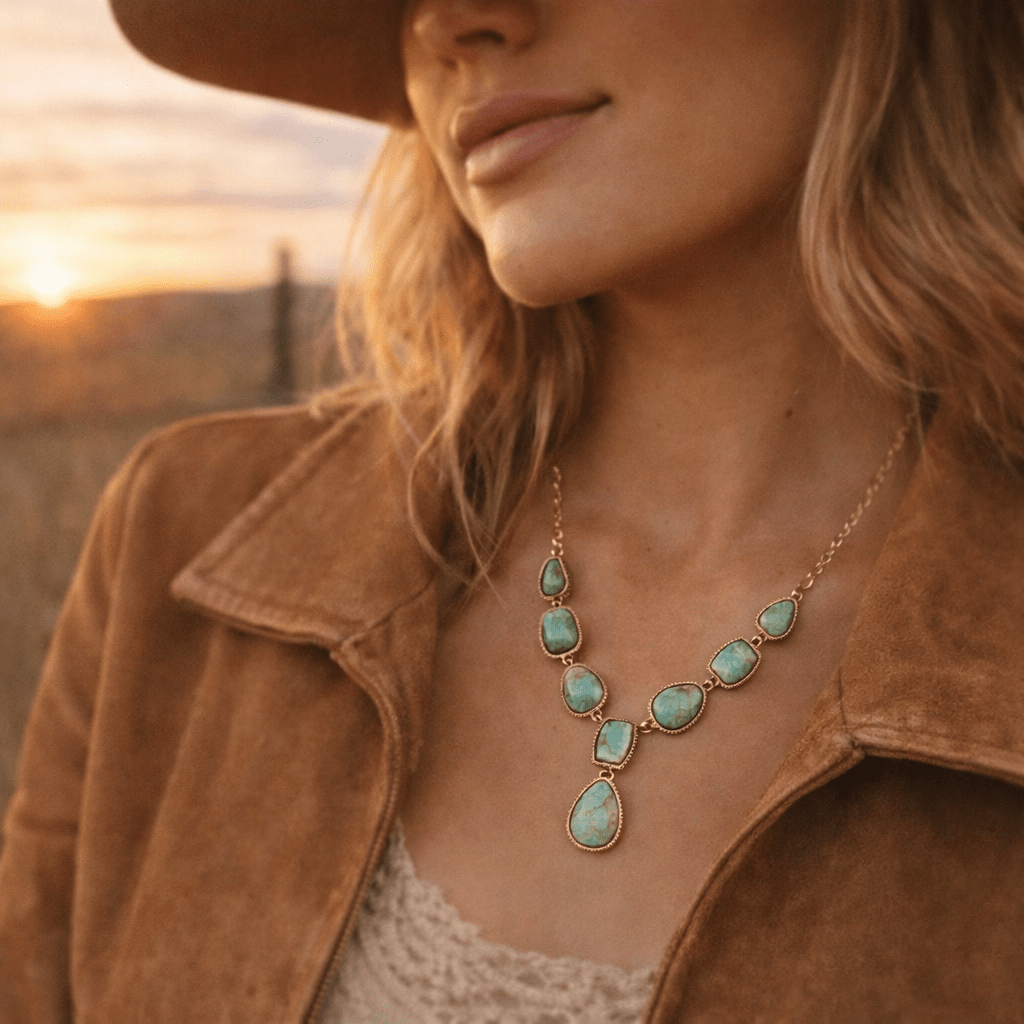 Genuine Blue Turquoise Roped Golden Bronze Y Necklace Necklaces La Vie Bien Genuine Blue Turquoise Roped Golden Bronze Y Necklace