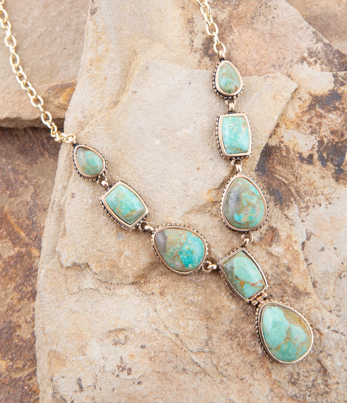 Genuine Blue Turquoise Roped Golden Bronze Y Necklace Necklaces La Vie Bien Genuine Blue Turquoise Roped Golden Bronze Y Necklace