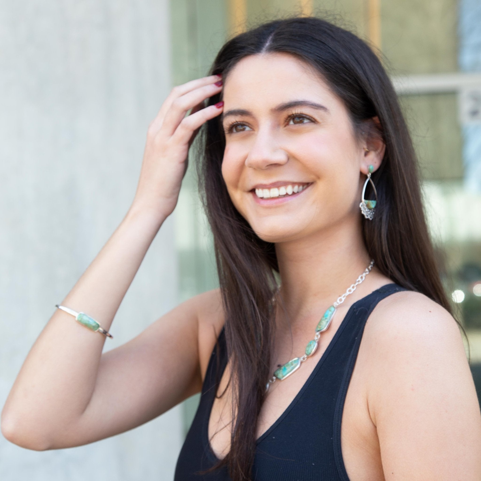 Genuine Blue Turquoise Sterling Silver Abstract Statement Necklace