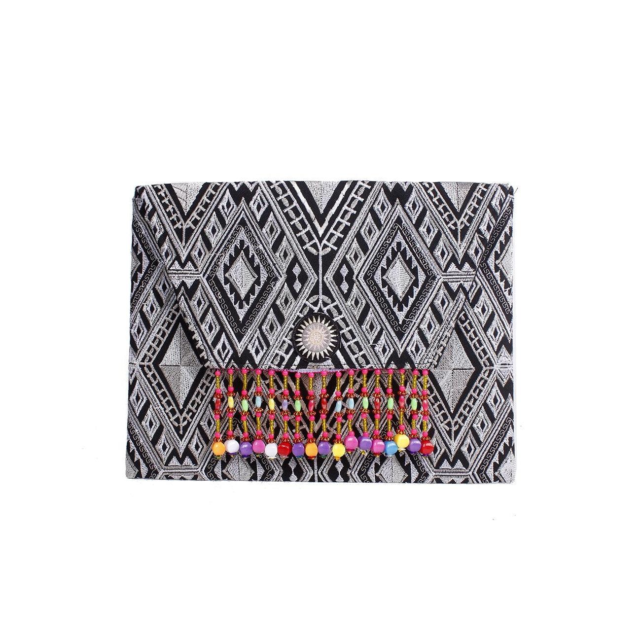 Geometric Embroidered Bead Trim Clutch Bag | iPad Case - Thailand Bags La Vie Bien Geometric Embroidered Bead Trim Clutch Bag | iPad Case - Thailand